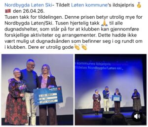 Nordbygda Løten/Ski- tildelt Løten Kommunes ildsjelprisen den 26.04.26🇳🇴🥇
